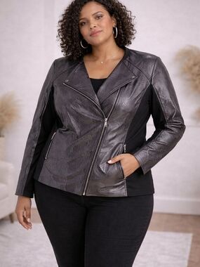 G by Giuliana Metallic Snake Print Moto Jacket 3X Black Stretch Panels Zip Front